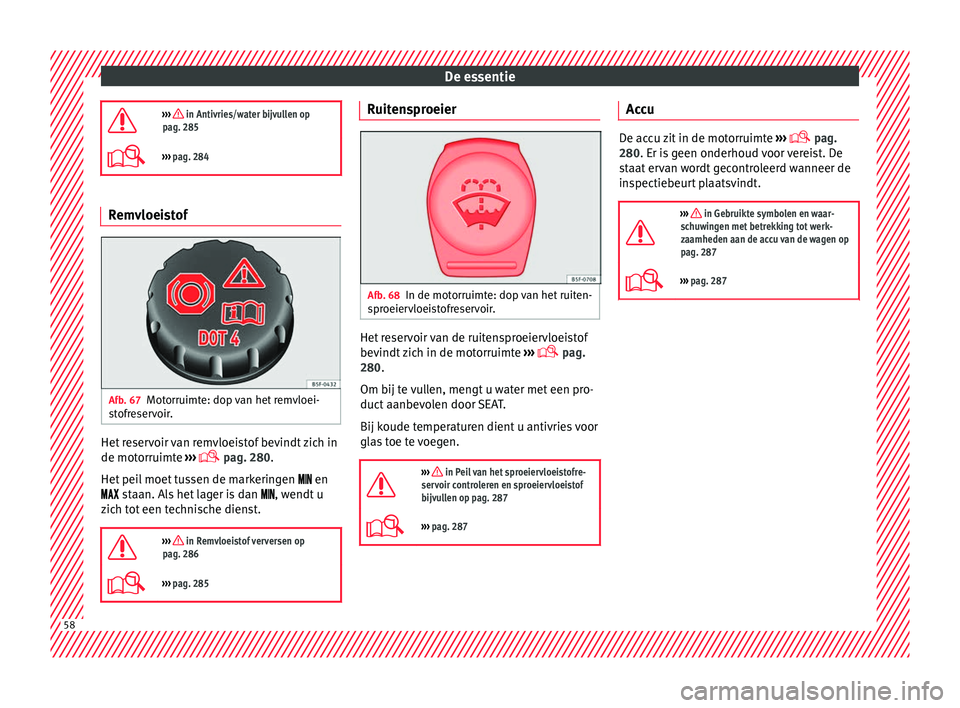 Seat Arona 2017 Handleiding (in Dutch) De essentie
››› in Antivries/water bijvullen op
pag. 285
››› pag. 284 Remvloeistof
Afb. 67
Motorruimte: dop van het remvloei-
s t
ofr
eservoir. Het reservoir van remvloeistof bevi Seat Arona 2017 Handleiding (in Dutch) De essentie
››› in Antivries/water bijvullen op
pag. 285
››› pag. 284 Remvloeistof
Afb. 67
Motorruimte: dop van het remvloei-
s t
ofr
eservoir. Het reservoir van remvloeistof bevi