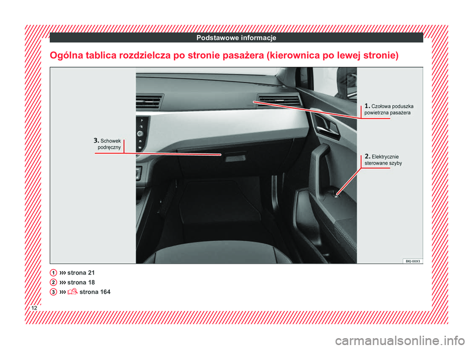 Seat Arona 2017  Instrukcja Obsługi (in Polish) Podstawowe informacje
Ogólna tablica rozdzielcza po stronie pasażera (kierownica po lewej stronie) ››› 
strona 21
›› ›
 strona 18
›››   strona 164 1
2
3
12  