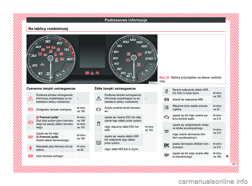 Seat Arona 2017  Instrukcja Obsługi (in Polish) Podstawowe informacje
Na tablicy rozdzielczej Rys. 53
Tablica przyrządów na desce rozdziel-
czej Czerwone lampki ostrzegawcze
Środkowa lampka ostrzegawcza:
informacja uzupełniająca na wy-
świ