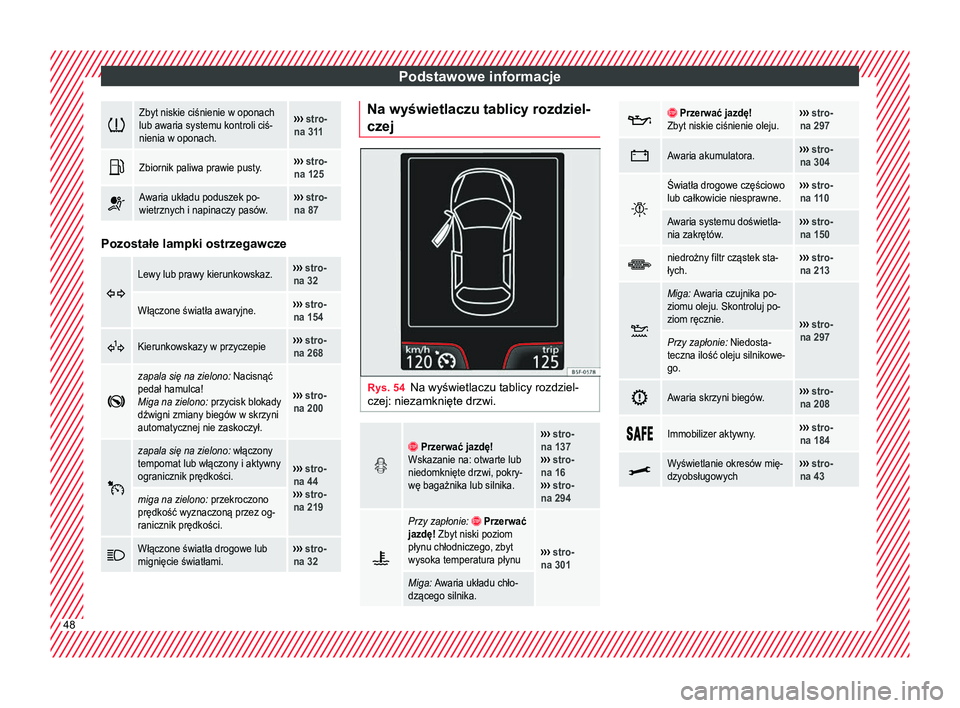 Seat Arona 2017  Instrukcja Obsługi (in Polish) Podstawowe informacje
Zbyt niskie ciśnienie w oponach
lub awaria systemu kontroli ciś-
nienia w oponach.››› 
stro-
na 311 
Zbiornik paliwa prawie pusty.››› 
stro-
na 125 
Awaria