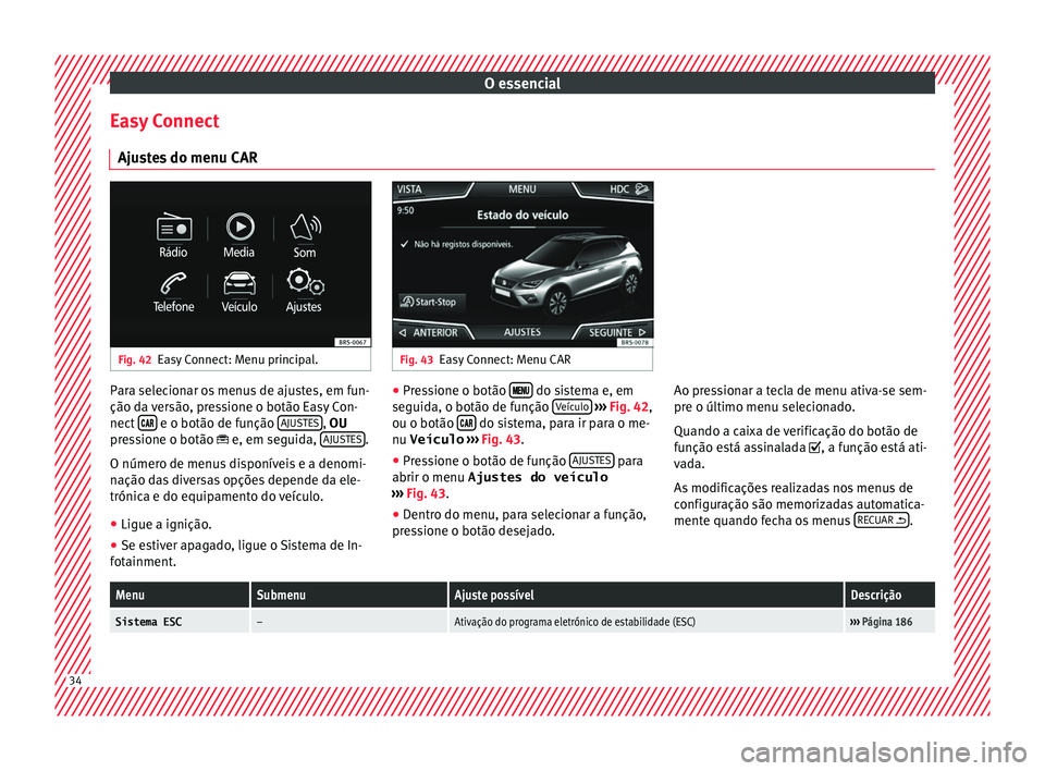 Seat Arona 2017  Manual do proprietário (in Portuguese)  O essencial
Easy Connect Aju s
t
es do menu CAR Fig. 42
Easy Connect: Menu principal. Fig. 43
Easy Connect: Menu CAR Para selecionar os menus de ajustes, em fun-
ção d
a 
v

ersão, pressione o bot