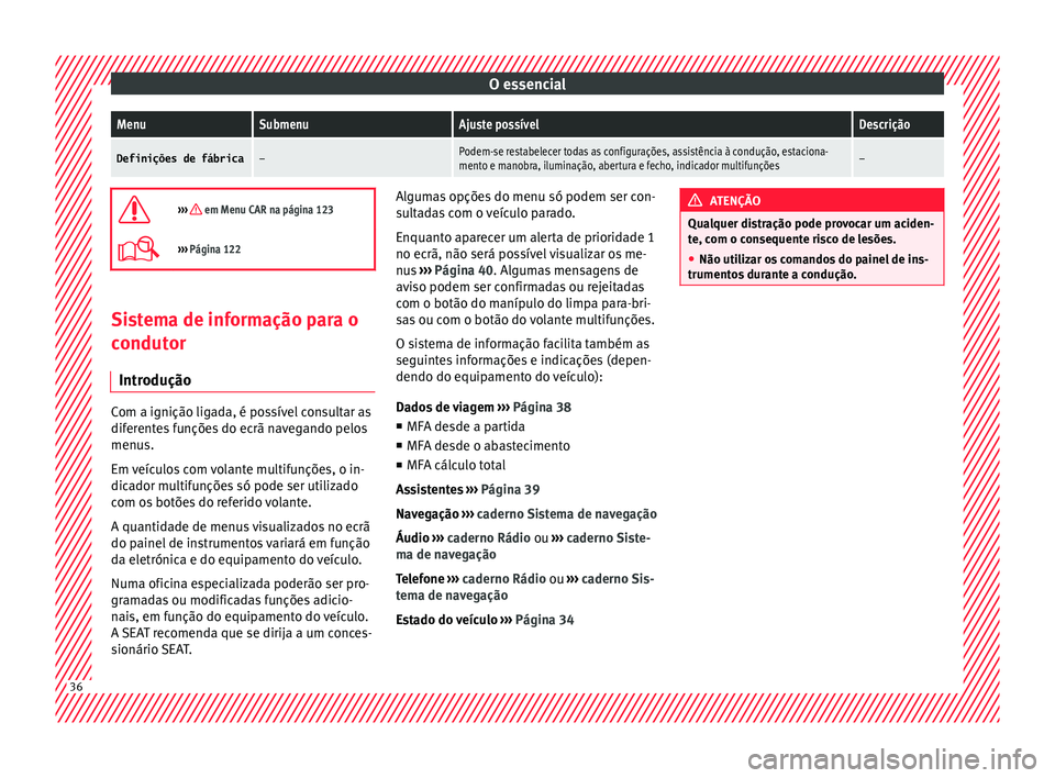 Seat Arona 2017  Manual do proprietário (in Portuguese)  O essencialMenuSubmenuAjuste possívelDescrição
Definições de fábrica–Podem-se restabelecer todas as configurações, assistência à condução, estaciona-
mento e manobra, iluminação, abert