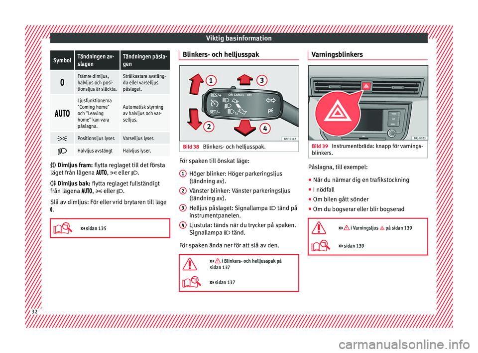 Seat Arona 2017  Ägarmanual (in Swedish) Viktig basinformationSymbolTändningen av-
slagenTändningen påsla-
gen

Främre dimljus,
halvljus och posi-
tionsljus är släckta.Strålkastare avstäng-
da eller varselljus
påslaget.
