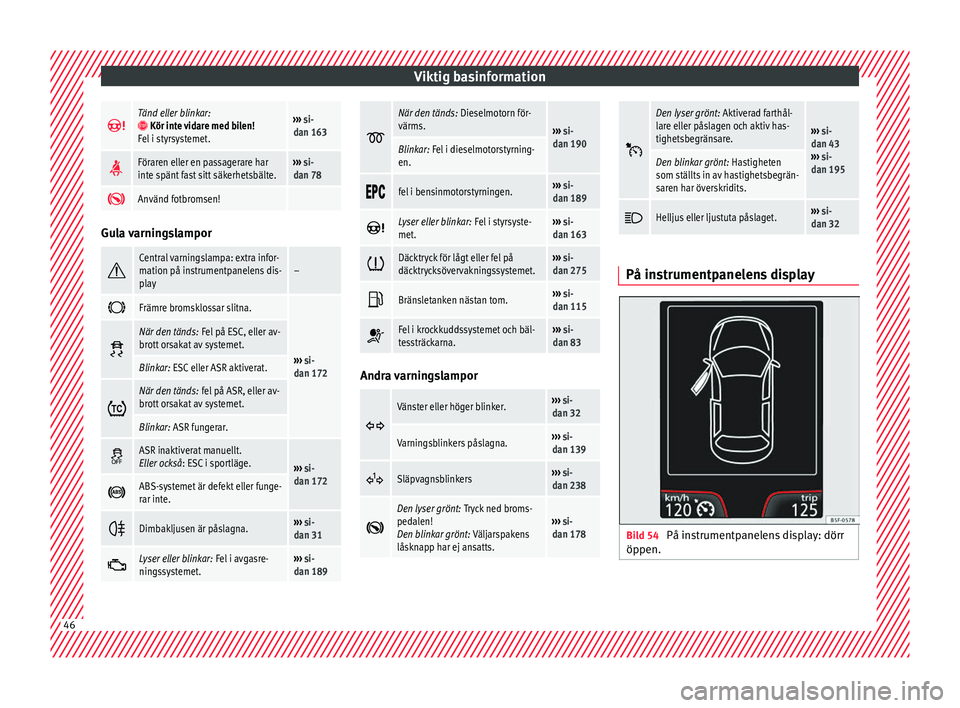 Seat Arona 2017  Ägarmanual (in Swedish) Viktig basinformation
Tänd eller blinkar: Kör inte vidare med bilen!
Fel i styrsystemet.›››  si-
dan 163 
Föraren eller en passagerare har
inte spänt fast sitt säkerhetsbälte.›�