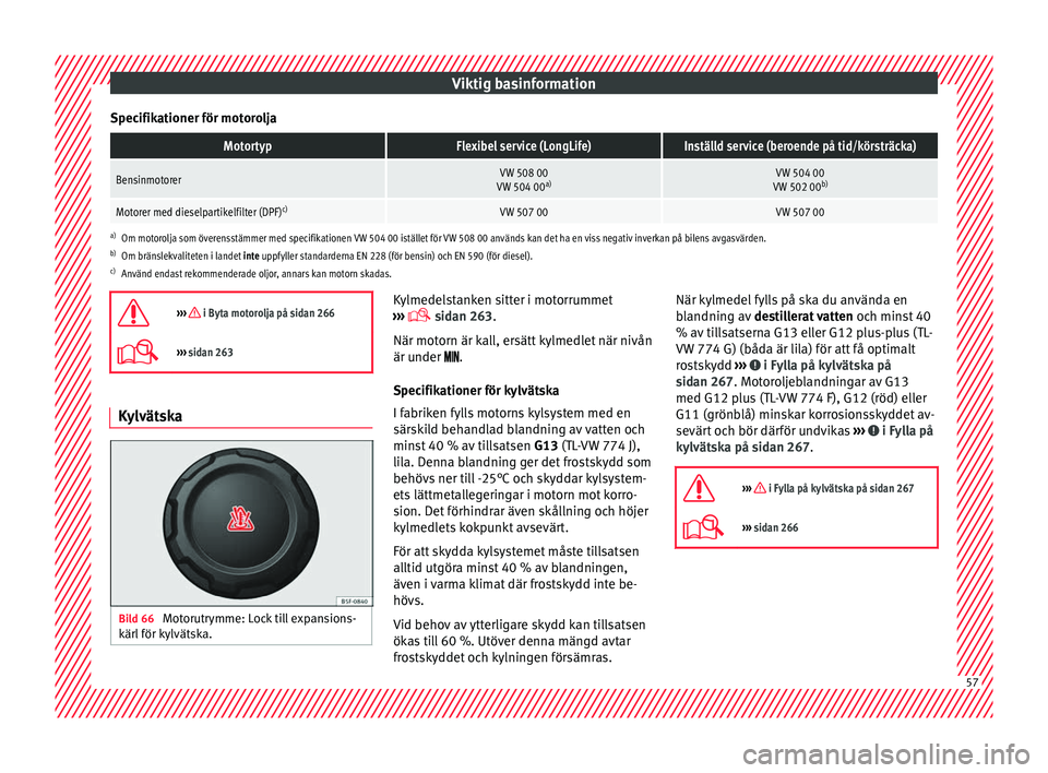 Seat Arona 2017 Ägarmanual (in Swedish) Viktig basinformation
Specifikationer för motoroljaMotortypFlexibel service (LongLife)Inställd service (beroende på tid/körsträcka)
BensinmotorerVW 508 00
VW 504 00 a)VW 504 00
VW 502 00 b)
Motor Seat Arona 2017 Ägarmanual (in Swedish) Viktig basinformation
Specifikationer för motoroljaMotortypFlexibel service (LongLife)Inställd service (beroende på tid/körsträcka)
BensinmotorerVW 508 00
VW 504 00 a)VW 504 00
VW 502 00 b)
Motor