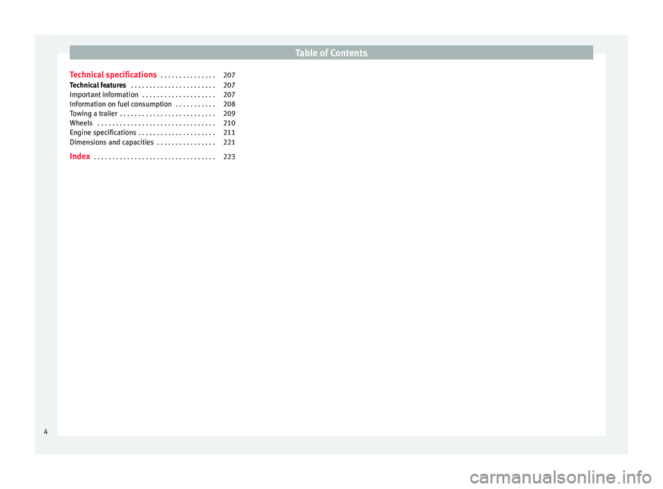 Seat Altea 2015  Owners Manual Table of Contents
Technical specifications  . . . . . . . . . . . . . . . 207
Technical features  . . . . . . . . . . . . . . . . . . . . . . . 207
Important information  . . . . . . . . . . . . . . .