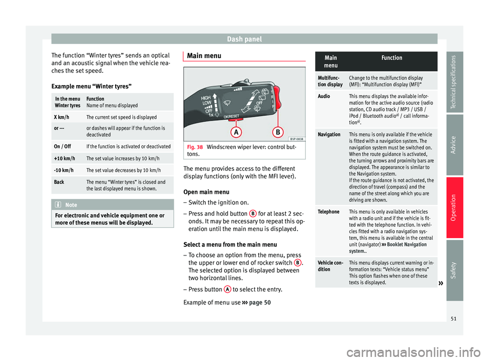 Seat Altea 2015  Owners Manual Dash panel
The function “Winter tyres” sends an optical
and an acoustic signal when the vehicle rea-
ches the set speed.
Example menu “Winter tyres”In the menu
Winter tyresFunction
Name of men