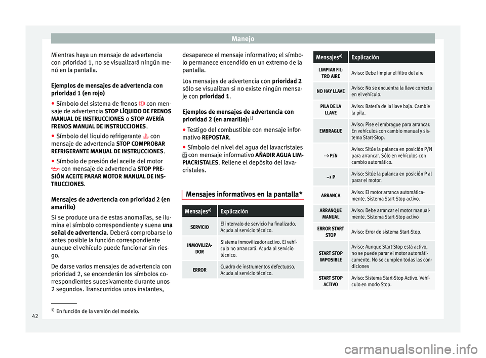 Seat Altea 2015  Manual del propietario (in Spanish) Manejo
Mientras haya un mensaje de advertencia
con prioridad 1, no se visualizará ningún me-
nú en la pantalla.
Ejemplos de mensajes de advertencia con
prioridad 1 (en rojo)
● Símbolo del sistem Seat Altea 2015  Manual del propietario (in Spanish) Manejo
Mientras haya un mensaje de advertencia
con prioridad 1, no se visualizará ningún me-
nú en la pantalla.
Ejemplos de mensajes de advertencia con
prioridad 1 (en rojo)
● Símbolo del sistem