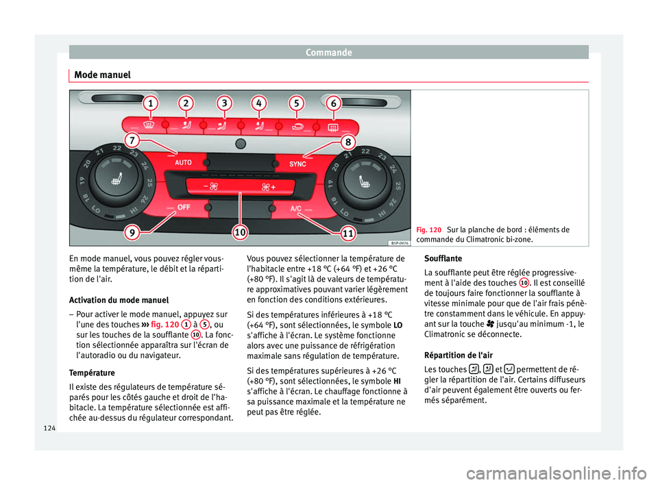 Seat Altea 2015  Manuel du propriétaire (in French)  Commande
Mode manuel Fig. 120 
Sur la planche de bord : éléments de
commande du Climatronic bi-zone. En mode manuel, vous pouvez régler vous-
même la température, le débit et la réparti-
tion d