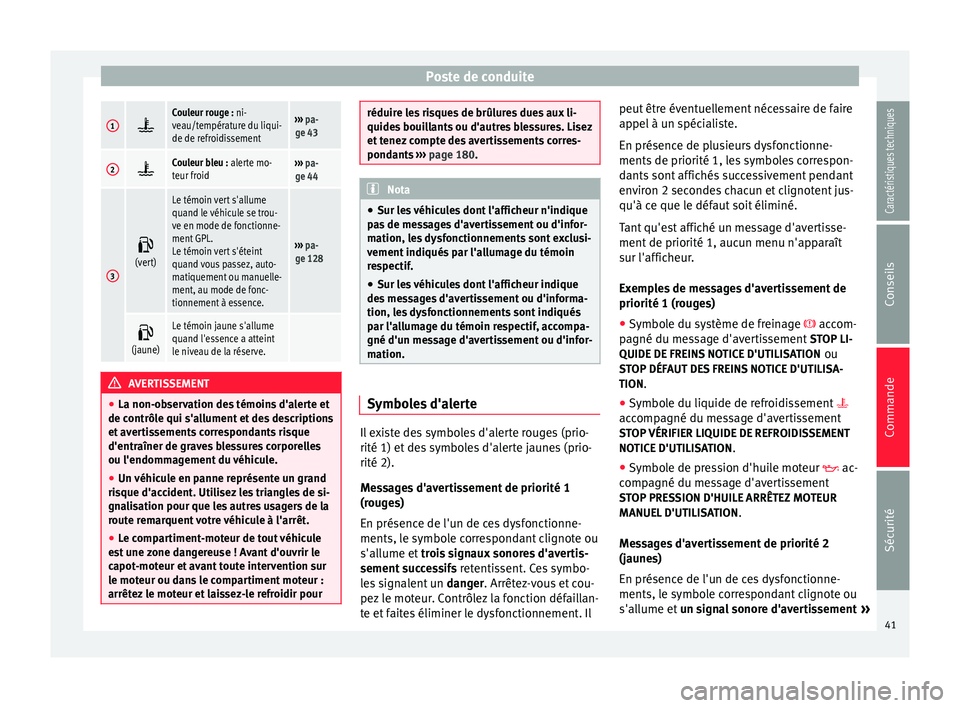 Seat Altea 2015 Manuel du propriétaire (in French) Poste de conduite1
Couleur rouge : ni-
veau/température du liqui-
de de refroidissement›››
pa-
ge 43
2 Couleur bleu : alerte mo-
teur froid›››
pa-
ge 44
3 (vert)
Le témoin ver Seat Altea 2015 Manuel du propriétaire (in French) Poste de conduite1
Couleur rouge : ni-
veau/température du liqui-
de de refroidissement›››
pa-
ge 43
2 Couleur bleu : alerte mo-
teur froid›››
pa-
ge 44
3 (vert)
Le témoin ver