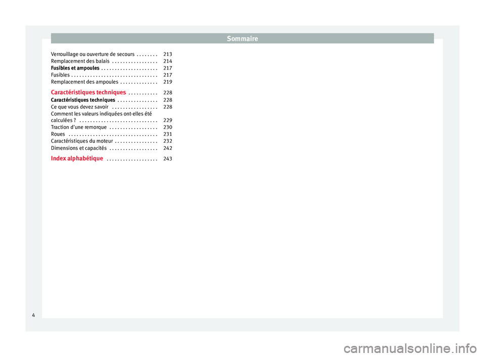 Seat Altea 2015  Manuel du propriétaire (in French)  Sommaire
Verrouillage ou ouverture de secours  . . . . . . . . 213
Remplacement des balais  . . . . . . . . . . . . . . . . . 214
Fusibles et ampoules  . . . . . . . . . . . . . . . . . . . . . 217
Fu