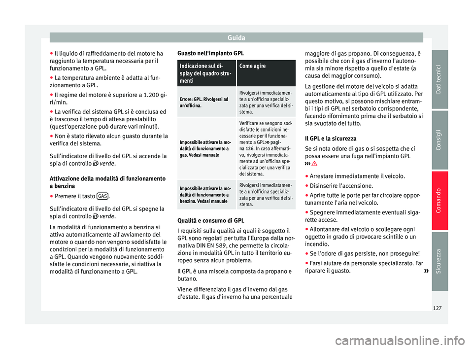 Seat Altea 2015 Manuale del proprietario (in Italian) Guida
● Il liquido di raffreddamento del motore ha
raggiunto la temperatura necessaria per il
funzionamento a GPL.
● La temperatura ambiente è adatta al fun-
zionamento a GPL.
● Il regime del m Seat Altea 2015 Manuale del proprietario (in Italian) Guida
● Il liquido di raffreddamento del motore ha
raggiunto la temperatura necessaria per il
funzionamento a GPL.
● La temperatura ambiente è adatta al fun-
zionamento a GPL.
● Il regime del m