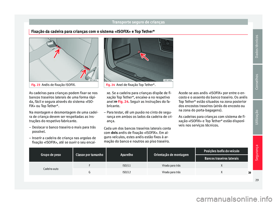 Seat Altea 2015 Manual do proprietário (in Portuguese) Transporte seguro de crianças
Fixação da cadeira para crianças com o sistema «ISOFIX» e Top Tether* Fig. 23
Anéis de fixação ISOFIX. Fig. 24
Anel de fixação Top Tether*. As cadeiras para cr Seat Altea 2015 Manual do proprietário (in Portuguese) Transporte seguro de crianças
Fixação da cadeira para crianças com o sistema «ISOFIX» e Top Tether* Fig. 23
Anéis de fixação ISOFIX. Fig. 24
Anel de fixação Top Tether*. As cadeiras para cr