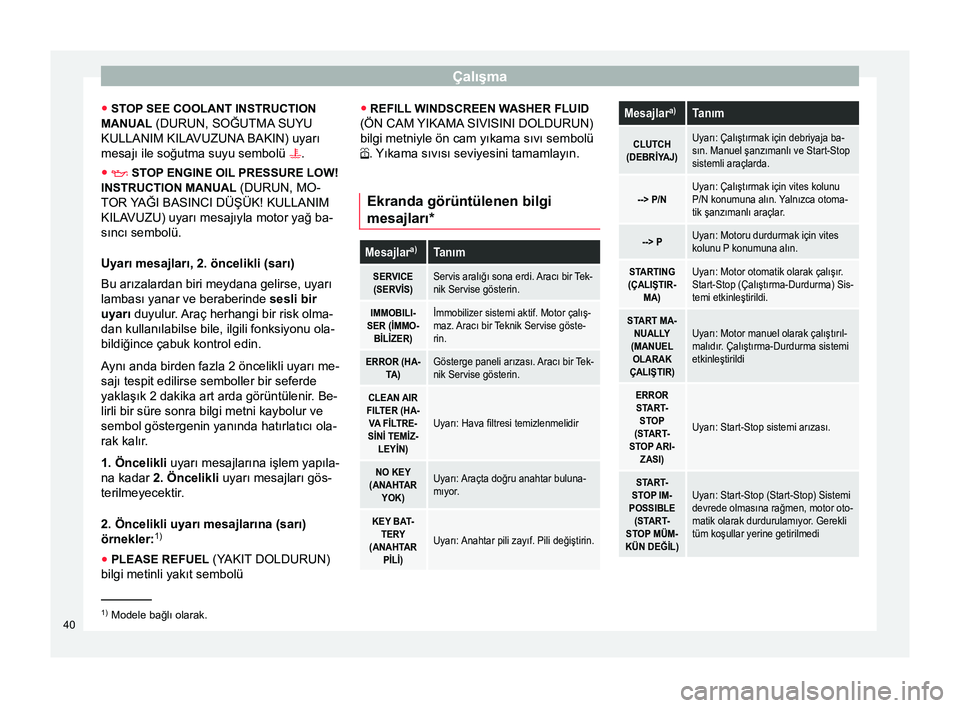 Seat Altea 2015  Kullanım Kılavuzu (in Turkish) Çalışma
● STOP SEE COOLANT INSTRUCTION
MANUAL (DURUN, SOĞUTMA SUYU
KULLANIM KILAVUZUNA BAKIN) uyarı
mesajı ile soğutma suyu sembolü  .
●   ST
OP ENGINE OIL PRESSURE LOW!
INSTRUCTION 