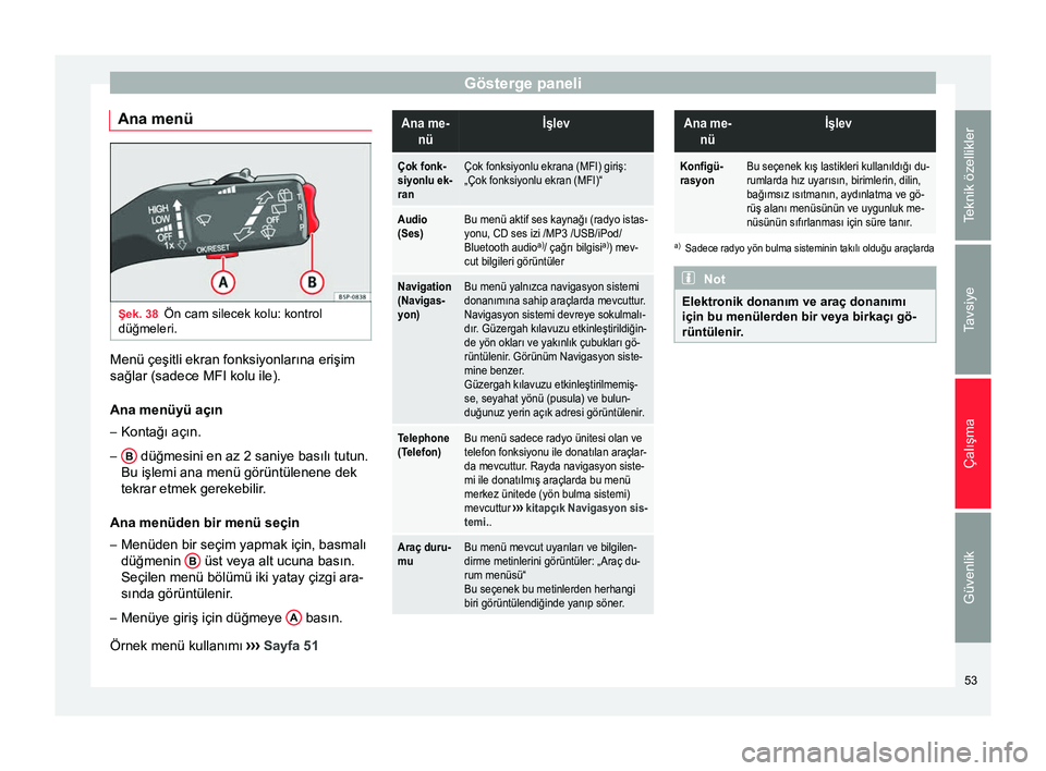 Seat Altea 2015  Kullanım Kılavuzu (in Turkish) Gösterge paneli
Ana menü Şek. 38
Ön cam silecek kolu: kontrol
düğmeleri. Menü çeşitli ekran fonksiyonlarına erişim
sağlar (sadece MFI kolu ile).
Ana menüyü açın
–
Kontağı açın.
 Seat Altea 2015  Kullanım Kılavuzu (in Turkish) Gösterge paneli
Ana menü Şek. 38
Ön cam silecek kolu: kontrol
düğmeleri. Menü çeşitli ekran fonksiyonlarına erişim
sağlar (sadece MFI kolu ile).
Ana menüyü açın
–
Kontağı açın.