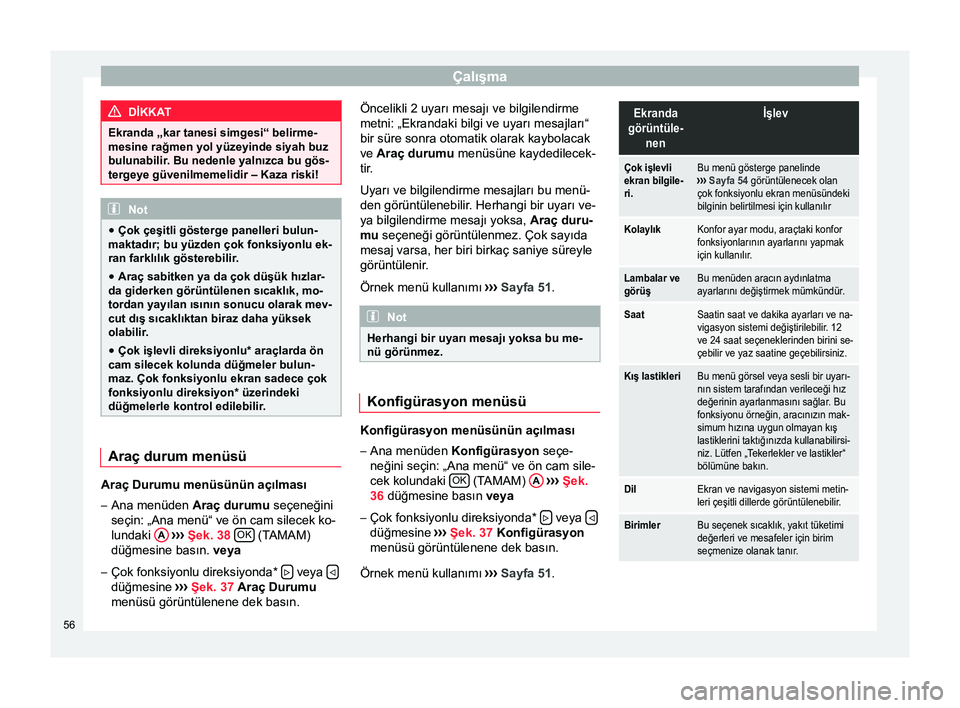 Seat Altea 2015  Kullanım Kılavuzu (in Turkish) Çalışma
DİKKAT
Ekranda „kar tanesi simgesi“ belirme-
mesine rağmen yol yüzeyinde siyah buz
bulunabilir. Bu nedenle yalnızca bu gös-
tergeye güvenilmemelidir – Kaza riski! Not
● Çok  Seat Altea 2015  Kullanım Kılavuzu (in Turkish) Çalışma
DİKKAT
Ekranda „kar tanesi simgesi“ belirme-
mesine rağmen yol yüzeyinde siyah buz
bulunabilir. Bu nedenle yalnızca bu gös-
tergeye güvenilmemelidir – Kaza riski! Not
● Çok