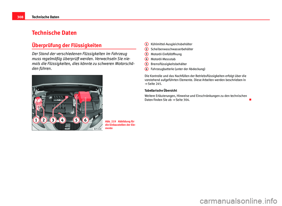Seat Altea 2014 Betriebsanleitung (in German) 308Technische Daten
Technische Daten
Überprüfung der Flüssigkeiten
Der Stand der verschiedenen Flüssigkeiten im Fahrzeug
muss regelmäßig überprüft werden. Verwechseln Sie nie-
mals die Flüssi Seat Altea 2014 Betriebsanleitung (in German) 308Technische Daten
Technische Daten
Überprüfung der Flüssigkeiten
Der Stand der verschiedenen Flüssigkeiten im Fahrzeug
muss regelmäßig überprüft werden. Verwechseln Sie nie-
mals die Flüssi