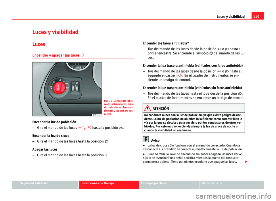 Seat Altea 2014  Manual del propietario (in Spanish) 119
Luces y visibilidad
Luces y visibilidad
Luces Encender y apagar las luces  
Fig. 70 Detalle del table-
ro de instrumentos: man-
do de las luces, faros an-
tiniebla y luz trasera anti-
niebla
En