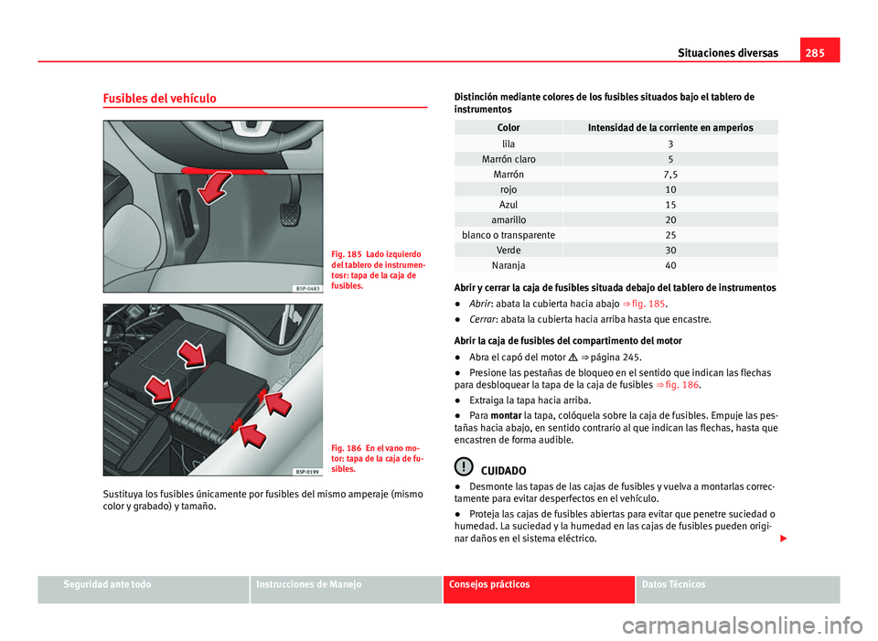 Seat Altea 2014  Manual del propietario (in Spanish) 285
Situaciones diversas
Fusibles del vehículo
Fig. 185 Lado izquierdo
del tablero de instrumen-
tosr: tapa de la caja de
fusibles.
Fig. 186 En el vano mo-
tor: tapa de la caja de fu-
sibles.
Sustitu