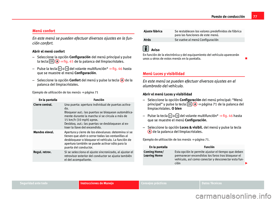 Seat Altea 2014  Manual del propietario (in Spanish) 77
Puesto de conducción
Menú confort
En este menú se pueden efectuar diversos ajustes en la fun-
ción confort.
Abrir el menú confort
– Seleccione la opción Configuración del menú principal y
