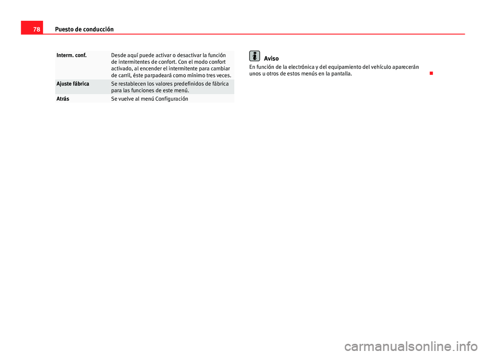Seat Altea 2014  Manual del propietario (in Spanish) 78Puesto de conducción
Interm. conf.Desde aquí puede activar o desactivar la función
de intermitentes de confort. Con el modo confort
activado, al encender el intermitente para cambiar
de carril, 