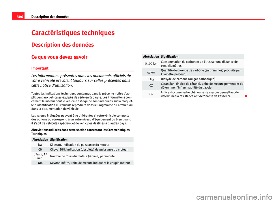 Seat Altea 2014 Manuel du propriétaire (in French) 306Description des données
Caractéristiques techniques
Description des données
Ce que vous devez savoir Important
Les informations présentes dans les documents officiels de
votre véhicule préval Seat Altea 2014 Manuel du propriétaire (in French) 306Description des données
Caractéristiques techniques
Description des données
Ce que vous devez savoir Important
Les informations présentes dans les documents officiels de
votre véhicule préval