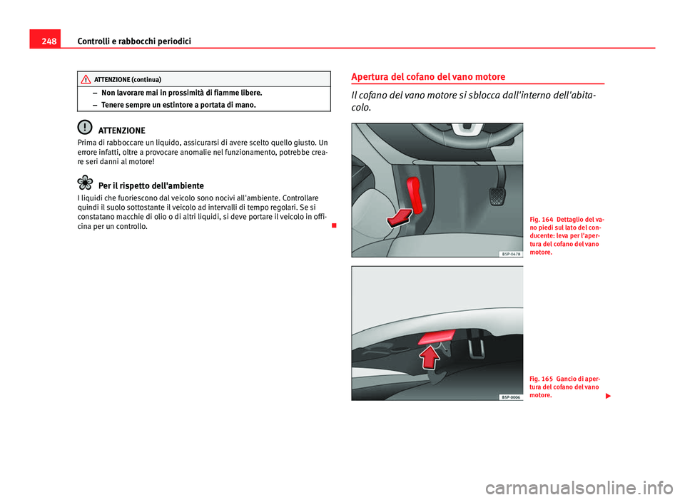 Seat Altea 2014 Manuale del proprietario (in Italian) 248Controlli e rabbocchi periodici
ATTENZIONE (continua)
– Non lavorare mai in prossimità di fiamme libere.
– Tenere sempre un estintore a portata di mano.
ATTENZIONE
Prima di rabboccare un liqui Seat Altea 2014 Manuale del proprietario (in Italian) 248Controlli e rabbocchi periodici
ATTENZIONE (continua)
– Non lavorare mai in prossimità di fiamme libere.
– Tenere sempre un estintore a portata di mano.
ATTENZIONE
Prima di rabboccare un liqui