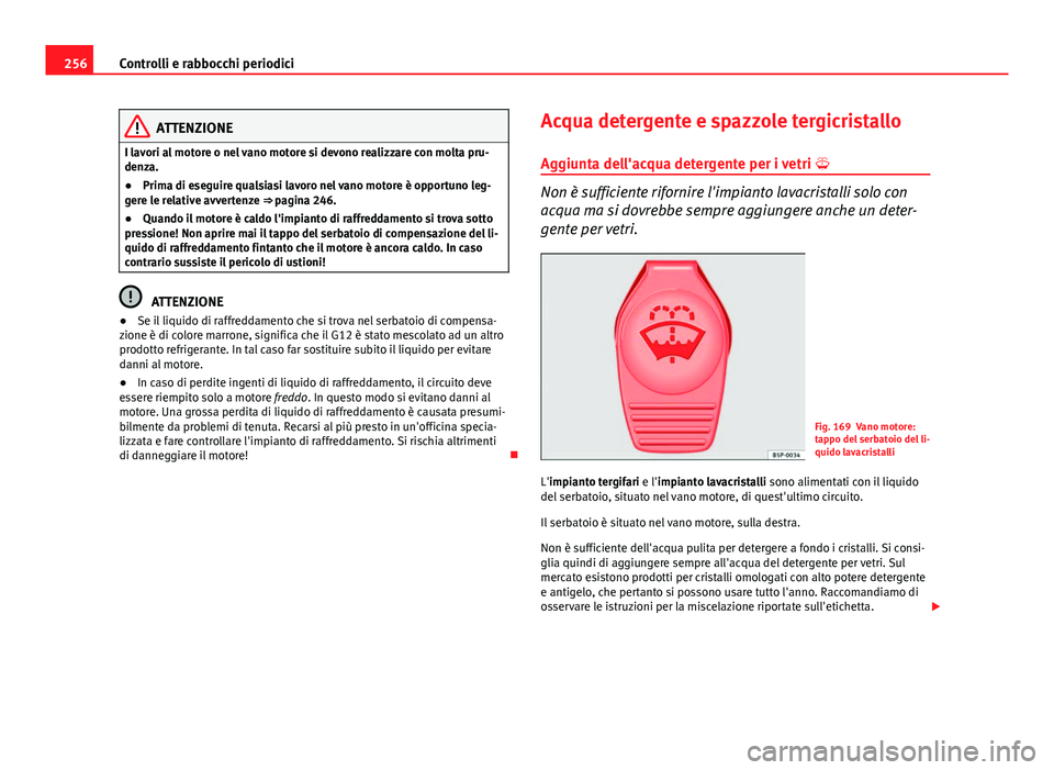 Seat Altea 2014  Manuale del proprietario (in Italian) 256Controlli e rabbocchi periodici
ATTENZIONE
I lavori al motore o nel vano motore si devono realizzare con molta pru-
denza.
● Prima di eseguire qualsiasi lavoro nel vano motore è opportuno leg-
g