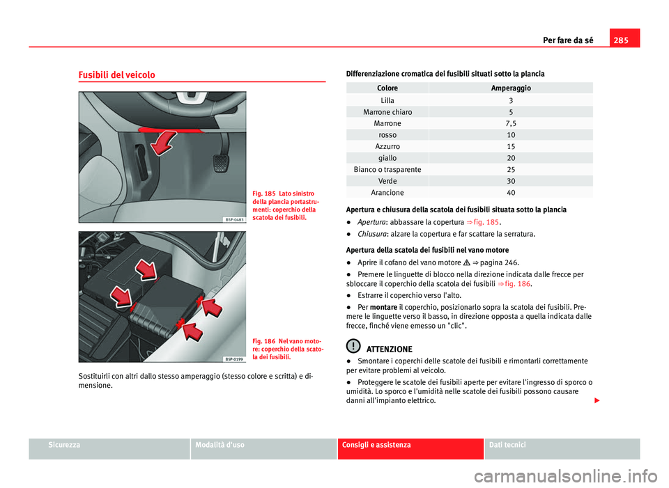 Seat Altea 2014 Manuale del proprietario (in Italian) 285
Per fare da sé
Fusibili del veicolo
Fig. 185 Lato sinistro
della plancia portastru-
menti: coperchio della
scatola dei fusibili.
Fig. 186 Nel vano moto-
re: coperchio della scato-
la dei fusibili Seat Altea 2014 Manuale del proprietario (in Italian) 285
Per fare da sé
Fusibili del veicolo
Fig. 185 Lato sinistro
della plancia portastru-
menti: coperchio della
scatola dei fusibili.
Fig. 186 Nel vano moto-
re: coperchio della scato-
la dei fusibili