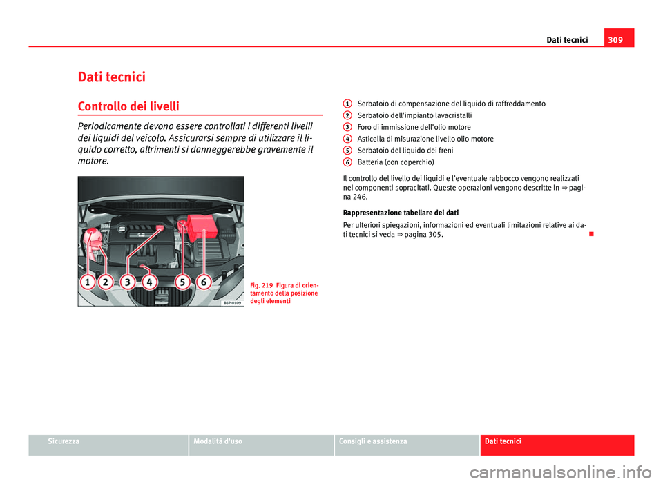 Seat Altea 2014 Manuale del proprietario (in Italian) 309
Dati tecnici
Dati tecnici Controllo dei livelli
Periodicamente devono essere controllati i differenti livelli
dei liquidi del veicolo. Assicurarsi sempre di utilizzare il li-
quido corretto, altri Seat Altea 2014 Manuale del proprietario (in Italian) 309
Dati tecnici
Dati tecnici Controllo dei livelli
Periodicamente devono essere controllati i differenti livelli
dei liquidi del veicolo. Assicurarsi sempre di utilizzare il li-
quido corretto, altri
