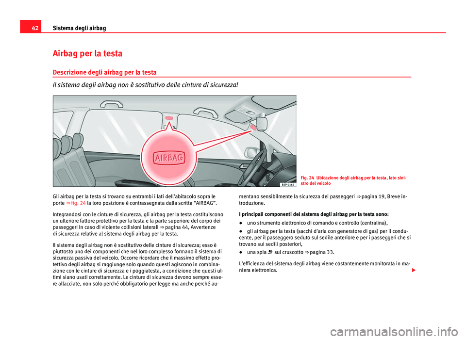 Seat Altea 2014  Manuale del proprietario (in Italian) 42Sistema degli airbag
Airbag per la testa
Descrizione degli airbag per la testa
Il sistema degli airbag non è sostitutivo delle cinture di sicurezza!
Fig. 24 Ubicazione degli airbag per la testa, la