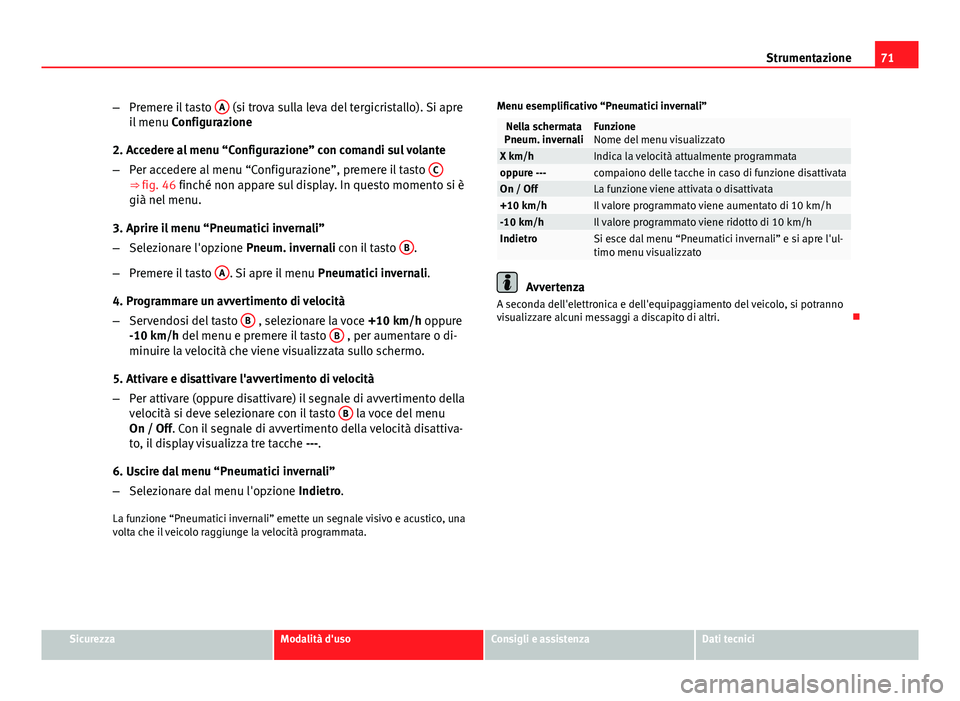 Seat Altea 2014 Manuale del proprietario (in Italian) 71
Strumentazione
– Premere il tasto A
(si trova sulla leva del tergicristallo). Si apre
il menu Configurazione
2. Accedere al menu “Configurazione” con comandi sul volante
– Per accedere a Seat Altea 2014 Manuale del proprietario (in Italian) 71
Strumentazione
– Premere il tasto A
(si trova sulla leva del tergicristallo). Si apre
il menu Configurazione
2. Accedere al menu “Configurazione” con comandi sul volante
– Per accedere a