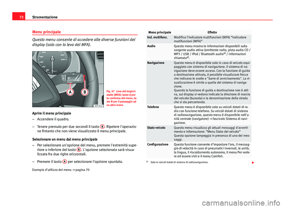 Seat Altea 2014 Manuale del proprietario (in Italian) 72Strumentazione
Menu principale
Questo menu consente di accedere alle diverse funzioni del
display (solo con la leva del MFA).
Fig. 47 Leva del tergicri-
stallo (MFA): tasto A per
la conferma del men Seat Altea 2014 Manuale del proprietario (in Italian) 72Strumentazione
Menu principale
Questo menu consente di accedere alle diverse funzioni del
display (solo con la leva del MFA).
Fig. 47 Leva del tergicri-
stallo (MFA): tasto A per
la conferma del men