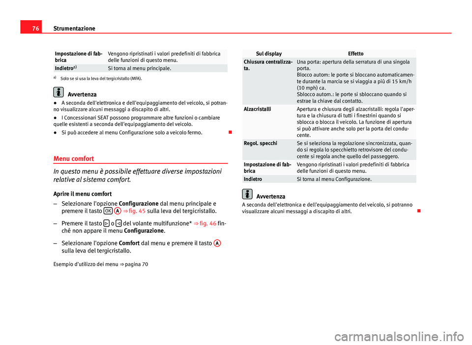 Seat Altea 2014 Manuale del proprietario (in Italian) 76Strumentazione
Impostazione di fab-
bricaVengono ripristinati i valori predefiniti di fabbrica
delle funzioni di questo menu.
Indietroa)Si torna al menu principale.a)
Solo se si usa la leva del terg Seat Altea 2014 Manuale del proprietario (in Italian) 76Strumentazione
Impostazione di fab-
bricaVengono ripristinati i valori predefiniti di fabbrica
delle funzioni di questo menu.
Indietroa)Si torna al menu principale.a)
Solo se si usa la leva del terg