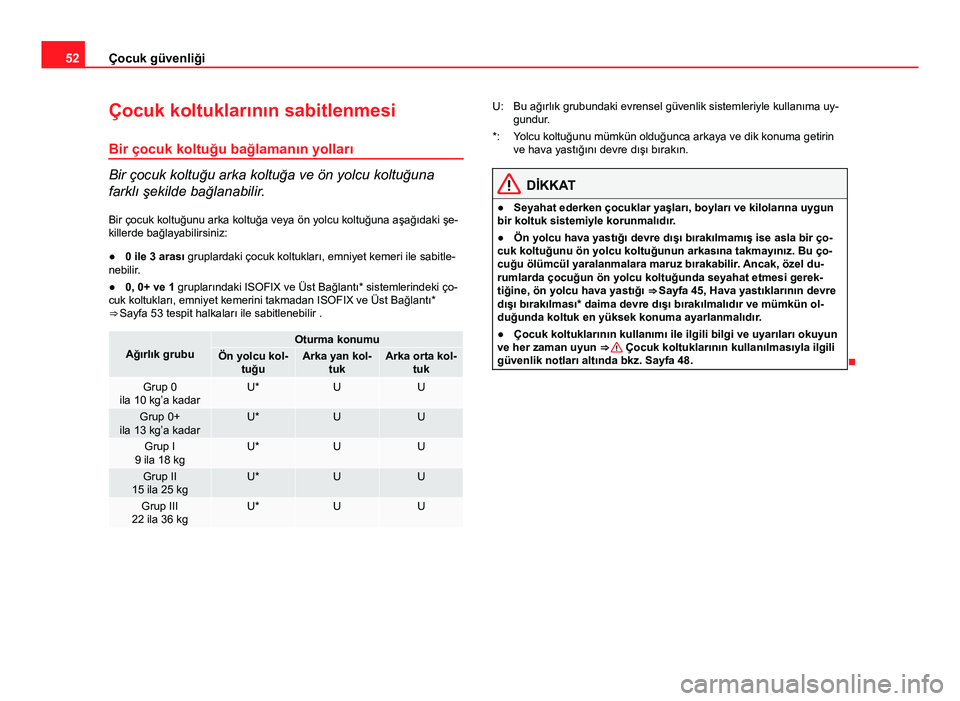 Seat Altea 2014  Kullanım Kılavuzu (in Turkish) 52Çocuk güvenliği
Çocuk koltuklarının sabitlenmesi
Bir çocuk koltuğu bağlamanın yolları
Bir çocuk koltuğu arka koltuğa ve ön yolcu koltuğuna
farklı şekilde bağlanabilir.
Bir çocuk 