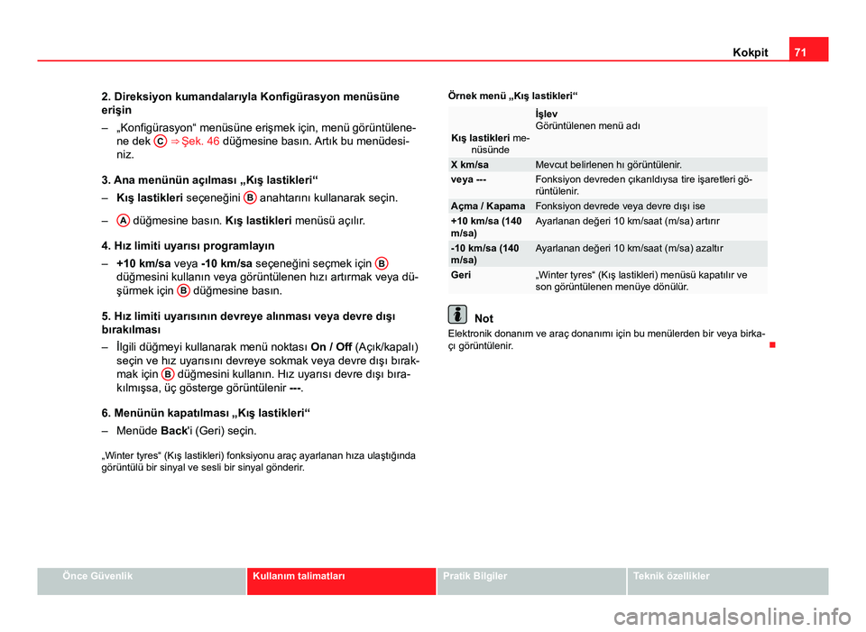 Seat Altea 2014  Kullanım Kılavuzu (in Turkish) 71
Kokpit
2. Direksiyon kumandalarıyla Konfigürasyon menüsüne
erişin
– „Konfigürasyon“ menüsüne erişmek için, menü görüntülene- ne dek  C
 ⇒ 
Şek. 46 düğmesine basın. Artı