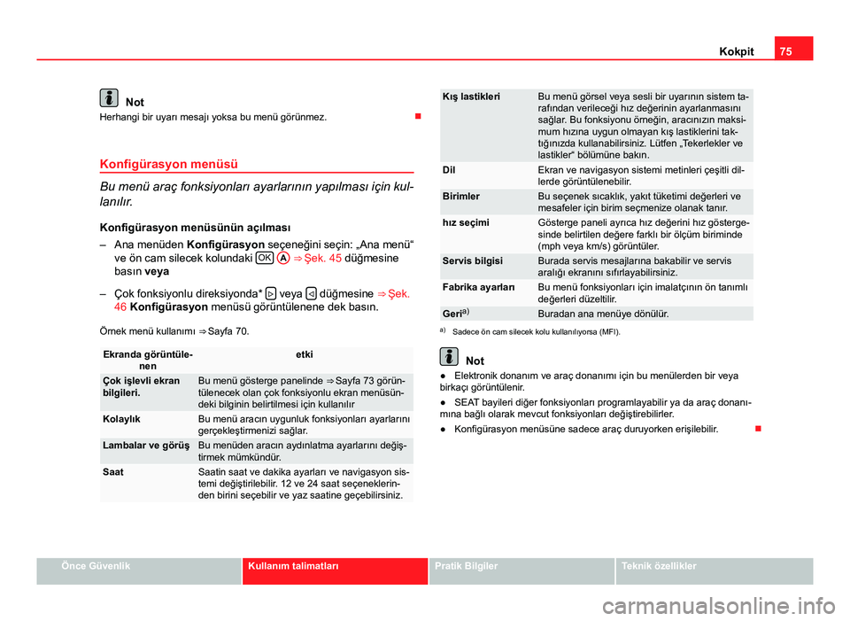 Seat Altea 2014  Kullanım Kılavuzu (in Turkish) 75
Kokpit
Not
Herhangi bir uyarı mesajı yoksa bu menü görünmez. 
Konfigürasyon menüsü
Bu menü araç fonksiyonları ayarlarının yapılması için kul-
lanılır.
Konfigürasyon menüsün
