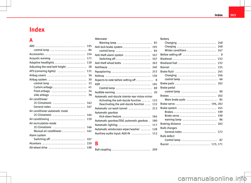 Seat Altea 2013  Owners Manual Index
A
ABS  . . . . . . . . . . . . . . . . . . . . . . . . . . . . . . . . . . 195control lamp  . . . . . . . . . . . . . . . . . . . . . . . . . 84
Accessories  . . . . . . . . . . . . . . . . . . 