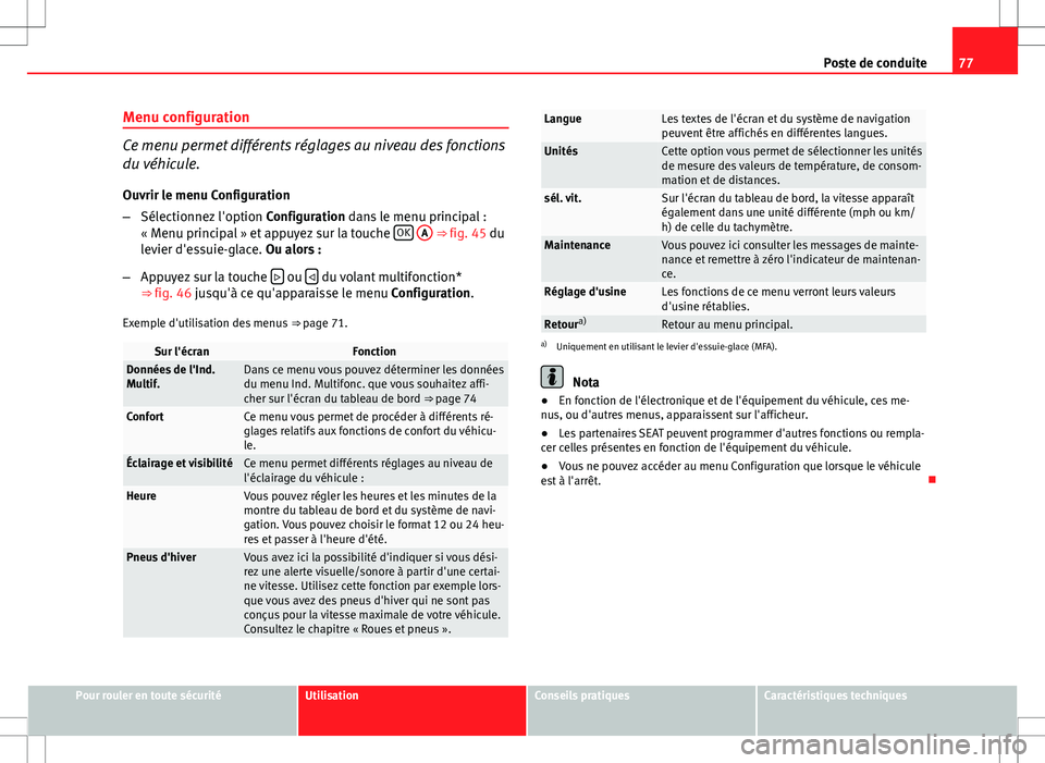 Seat Altea 2013 Manuel du propriétaire (in French) 77
Poste de conduite
Menu configuration
Ce menu permet différents réglages au niveau des fonctions
du véhicule. Ouvrir le menu Configuration
– Sélectionnez l'option Configuration dans le me Seat Altea 2013 Manuel du propriétaire (in French) 77
Poste de conduite
Menu configuration
Ce menu permet différents réglages au niveau des fonctions
du véhicule. Ouvrir le menu Configuration
– Sélectionnez l'option Configuration dans le me