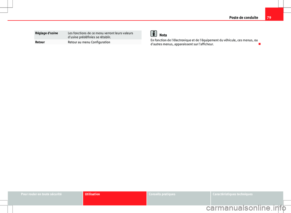 Seat Altea 2013 Manuel du propriétaire (in French) 79
Poste de conduite
Réglage d'usineLes fonctions de ce menu verront leurs valeurs
d'usine prédéfinies se rétablir.
RetourRetour au menu Configuration
Nota
En fonction de l'électroniq Seat Altea 2013 Manuel du propriétaire (in French) 79
Poste de conduite
Réglage d'usineLes fonctions de ce menu verront leurs valeurs
d'usine prédéfinies se rétablir.
RetourRetour au menu Configuration
Nota
En fonction de l'électroniq