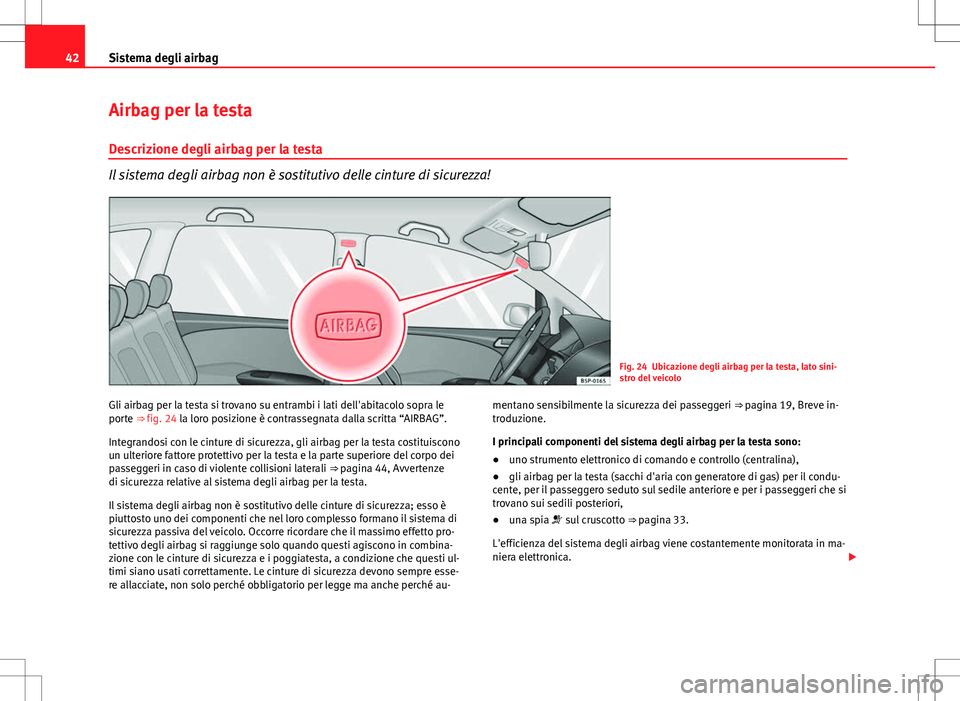 Seat Altea 2013  Manuale del proprietario (in Italian) 42Sistema degli airbag
Airbag per la testa
Descrizione degli airbag per la testa
Il sistema degli airbag non è sostitutivo delle cinture di sicurezza!
Fig. 24 Ubicazione degli airbag per la testa, la