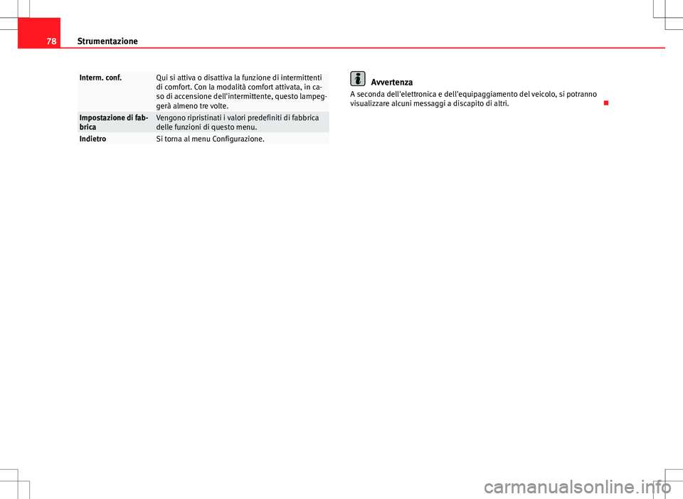 Seat Altea 2013 Manuale del proprietario (in Italian) 78Strumentazione
Interm. conf.Qui si attiva o disattiva la funzione di intermittenti
di comfort. Con la modalità comfort attivata, in ca-
so di accensione dell'intermittente, questo lampeg-
gerà Seat Altea 2013 Manuale del proprietario (in Italian) 78Strumentazione
Interm. conf.Qui si attiva o disattiva la funzione di intermittenti
di comfort. Con la modalità comfort attivata, in ca-
so di accensione dell'intermittente, questo lampeg-
gerà