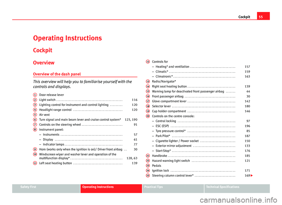 Seat Altea 2012  Owners Manual 55
Cockpit
Operating Instructions Cockpit
Overview Overview of the dash panel
This overview will help you to familiarise yourself with the
controls and displays. Door release lever
Light switch  . . .