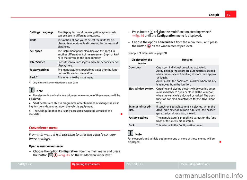 Seat Altea 2012 Manual PDF 75
Cockpit
Settings: LanguageThe display texts and the navigation system texts
can be seen in different languages.
UnitsThis option allows you to select the units for dis-
playing temperature, fuel co