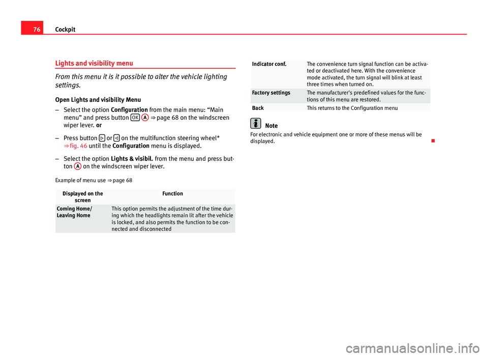 Seat Altea 2012  Owners Manual 76Cockpit
Lights and visibility menu
From this menu it is it possible to alter the vehicle lighting
settings.
Open Lights and visibility Menu
– Select the option  Configuration from the main menu: �