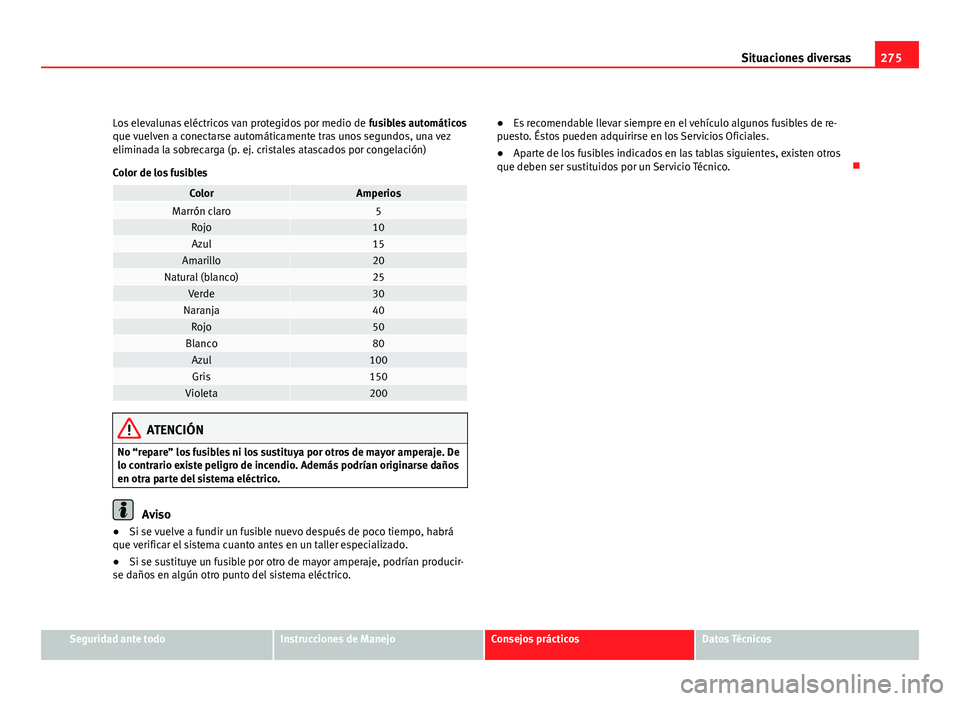 Seat Altea 2012  Manual del propietario (in Spanish) 275
Situaciones diversas
Los elevalunas eléctricos van protegidos por medio de  fusibles automáticos
que vuelven a conectarse automáticamente tras unos segundos, una vez
eliminada la sobrecarga (p.