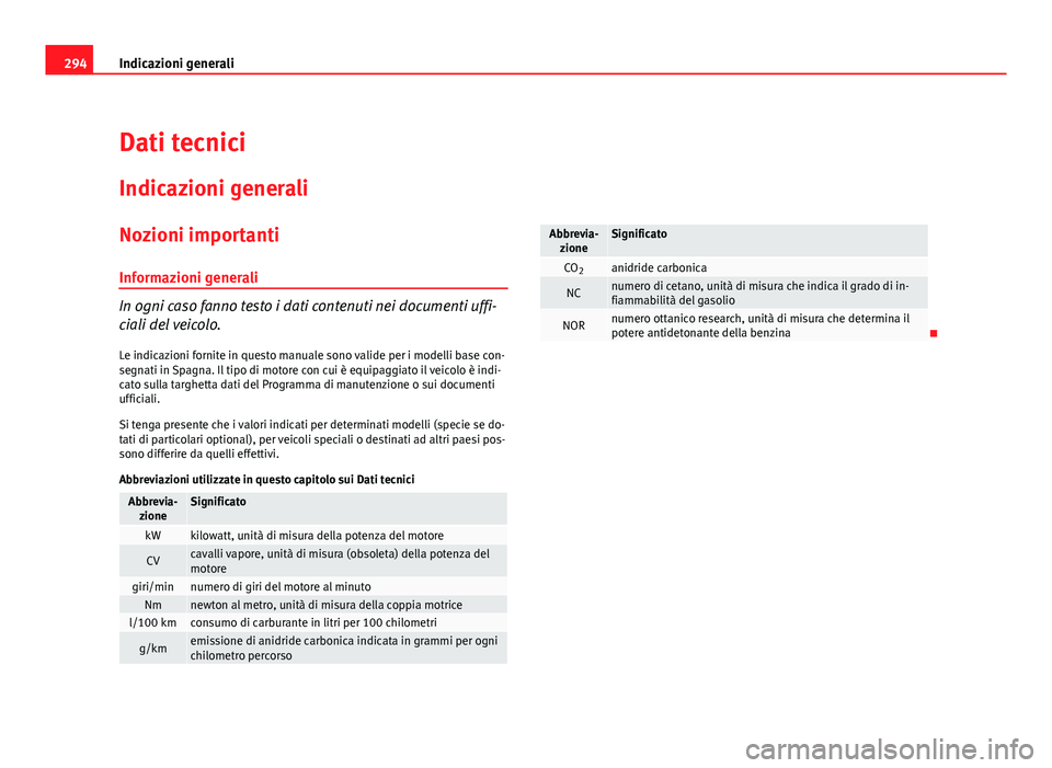 Seat Altea 2012  Manuale del proprietario (in Italian) 294Indicazioni generali
Dati tecnici
Indicazioni generali
Nozioni importanti
Informazioni generali
In ogni caso fanno testo i dati contenuti nei documenti uffi-
ciali del veicolo.
Le indicazioni forni