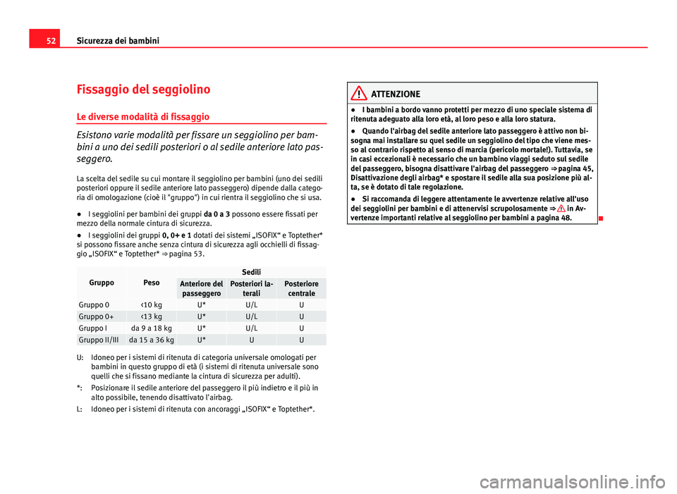 Seat Altea 2012 Manuale del proprietario (in Italian) 52Sicurezza dei bambini
Fissaggio del seggiolino
Le diverse modalità di fissaggio
Esistono varie modalità per fissare un seggiolino per bam-
bini a uno dei sedili posteriori o al sedile anteriore la Seat Altea 2012 Manuale del proprietario (in Italian) 52Sicurezza dei bambini
Fissaggio del seggiolino
Le diverse modalità di fissaggio
Esistono varie modalità per fissare un seggiolino per bam-
bini a uno dei sedili posteriori o al sedile anteriore la