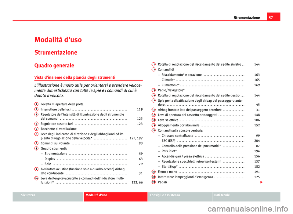 Seat Altea 2012 Manuale del proprietario (in Italian) 57
Strumentazione
Modalità d'uso Strumentazione
Quadro generale Vista d'insieme della plancia degli strumenti
L'illustrazione è molto utile per orientarsi e prendere veloce-
mente dimest Seat Altea 2012 Manuale del proprietario (in Italian) 57
Strumentazione
Modalità d'uso Strumentazione
Quadro generale Vista d'insieme della plancia degli strumenti
L'illustrazione è molto utile per orientarsi e prendere veloce-
mente dimest