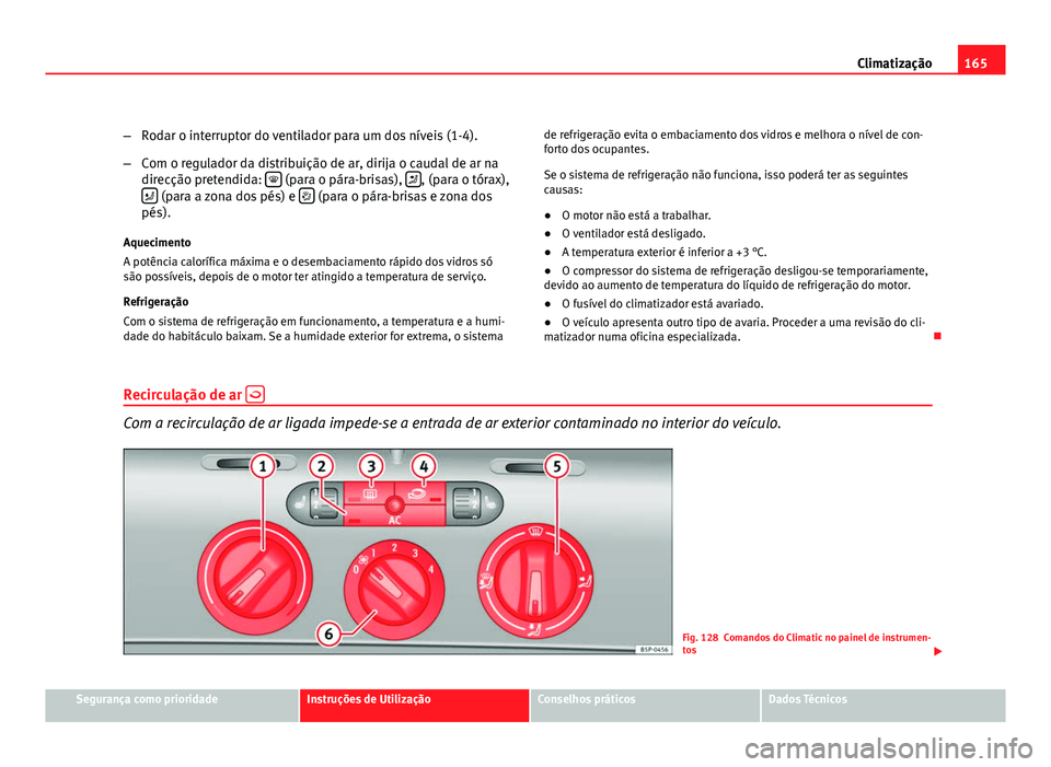 Seat Altea 2012  Manual do proprietário (in Portuguese)  165
Climatização
– Rodar o interruptor do ventilador para um dos níveis (1-4).
– Com o regulador da distribuição de ar, dirija o caudal de ar na
direcção pretendida:  
 (para o pára-bri